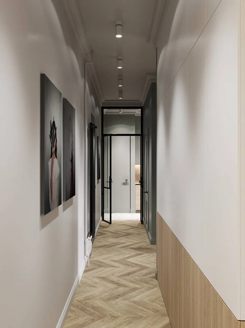 Minimalist hallway with sleek white walls, wood paneling, herringbone-patterned flooring, framed artwork, and subtle spotlights for an elegant, luxury design