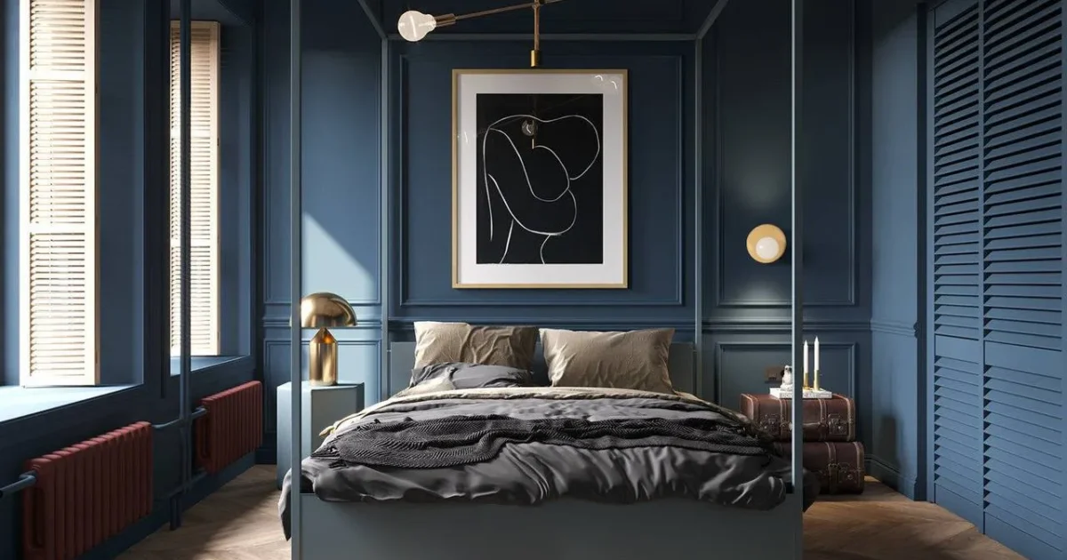 Bedroom with deep blue walls, luxurious bed with soft bedding, modern nightstands, bold chandelier, and geometric art, creating a serene yet dramatic atmosphere
