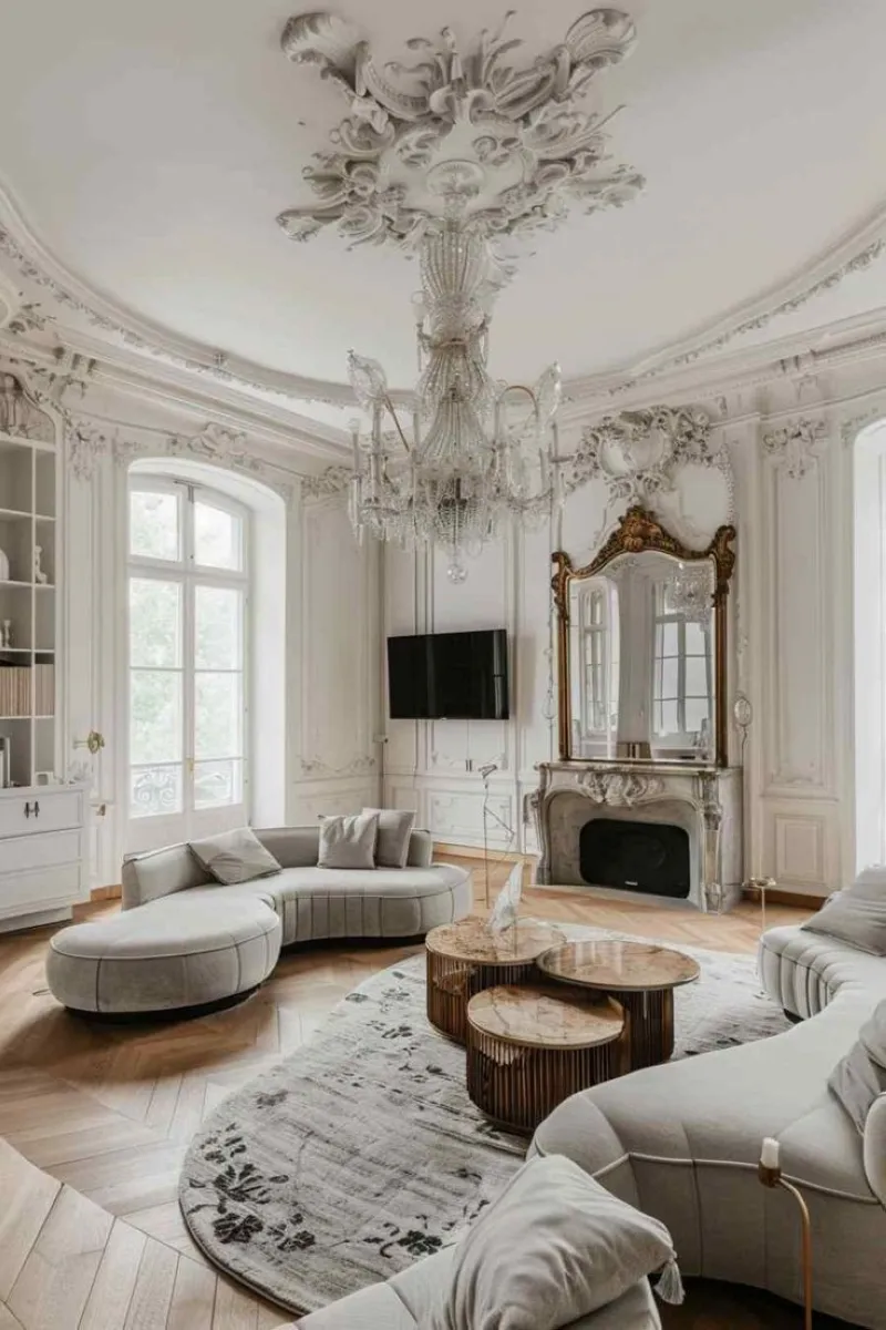 This living room radiates sophistication with its curved furniture and elaborate ceiling details. The crystal chandelier becomes the focal point, reflecting light throughout the room. Soft pastel tones on the furniture balance the intricate architectural details, creating a harmonious yet luxurious atmosphere. 