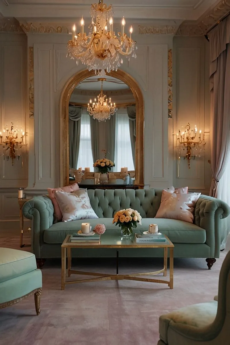 Gold plays a prominent role in Rococo Revival decor, as seen in the ornate mirrors and wall sconces in this living room. The soft teal sofa and plush pillows add a gentle contrast, while the elegant chandelier ties the space together. The delicate floral arrangements further enhance the romantic charm. 