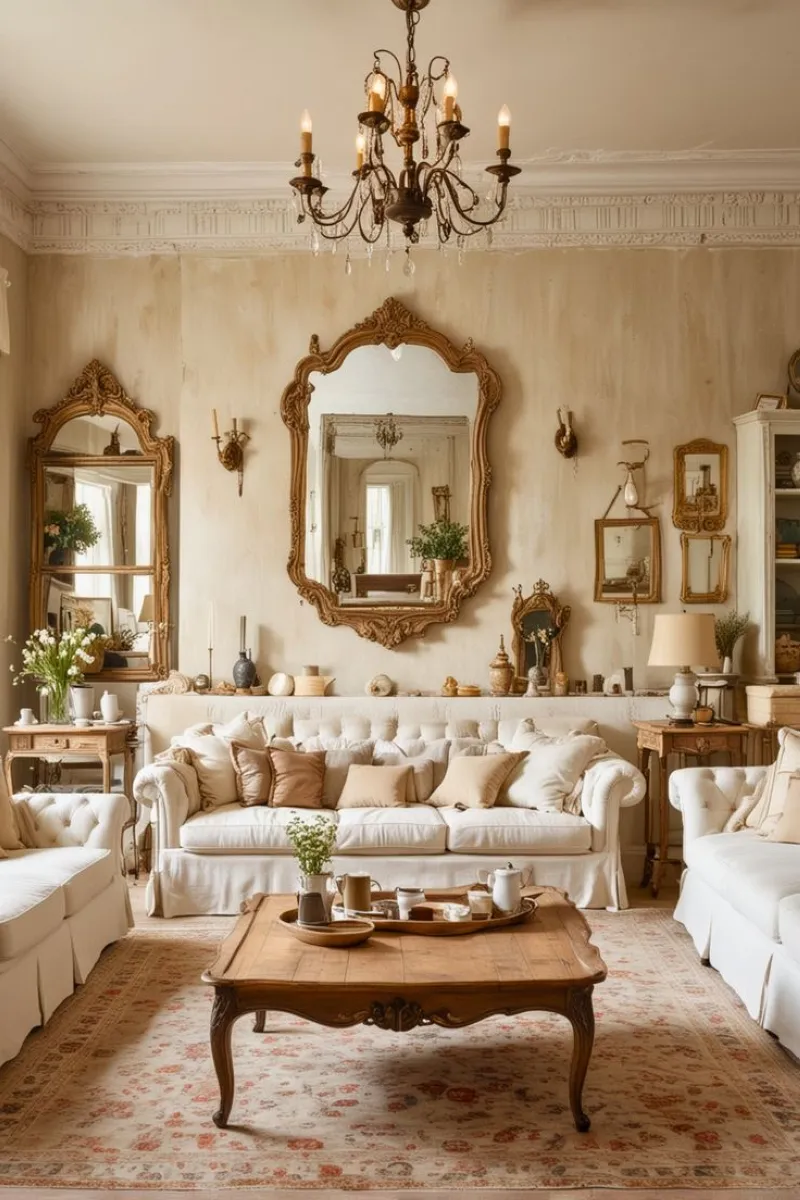 A mix of warm beige tones and antique furniture creates a cozy yet regal environment. The gilded mirrors and vintage-inspired lighting enhance the classic Rococo feel, while the textured cushions and rugs add depth. This space exemplifies how the Rococo style can be both ornate and inviting. 