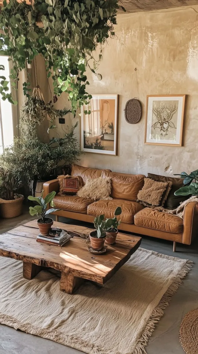 Introduce natural materials like reclaimed wood, jute, and organic cotton to bring warmth and sustainability into your space. The leather couch in this image pairs seamlessly with a rustic wooden coffee table and neutral-toned textiles. Add potted plants to enhance the biophilic ambiance and improve indoor air quality.