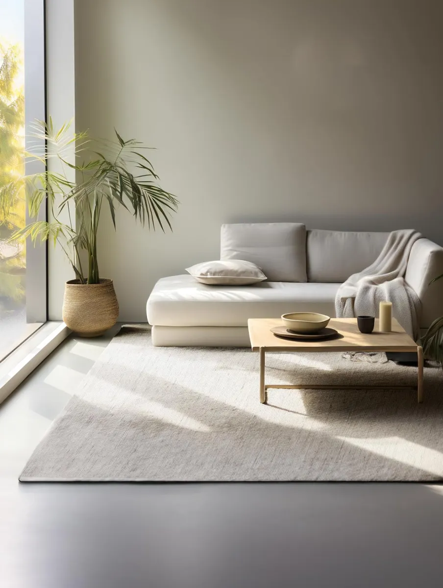 Maximize natural light by positioning furniture near windows, as shown here. Choose neutral furniture pieces, like a clean-lined white sofa, paired with a minimalist wooden coffee table. Add greenery in woven planters to maintain a cohesive, eco-friendly look. This approach minimizes the need for artificial lighting during the day.