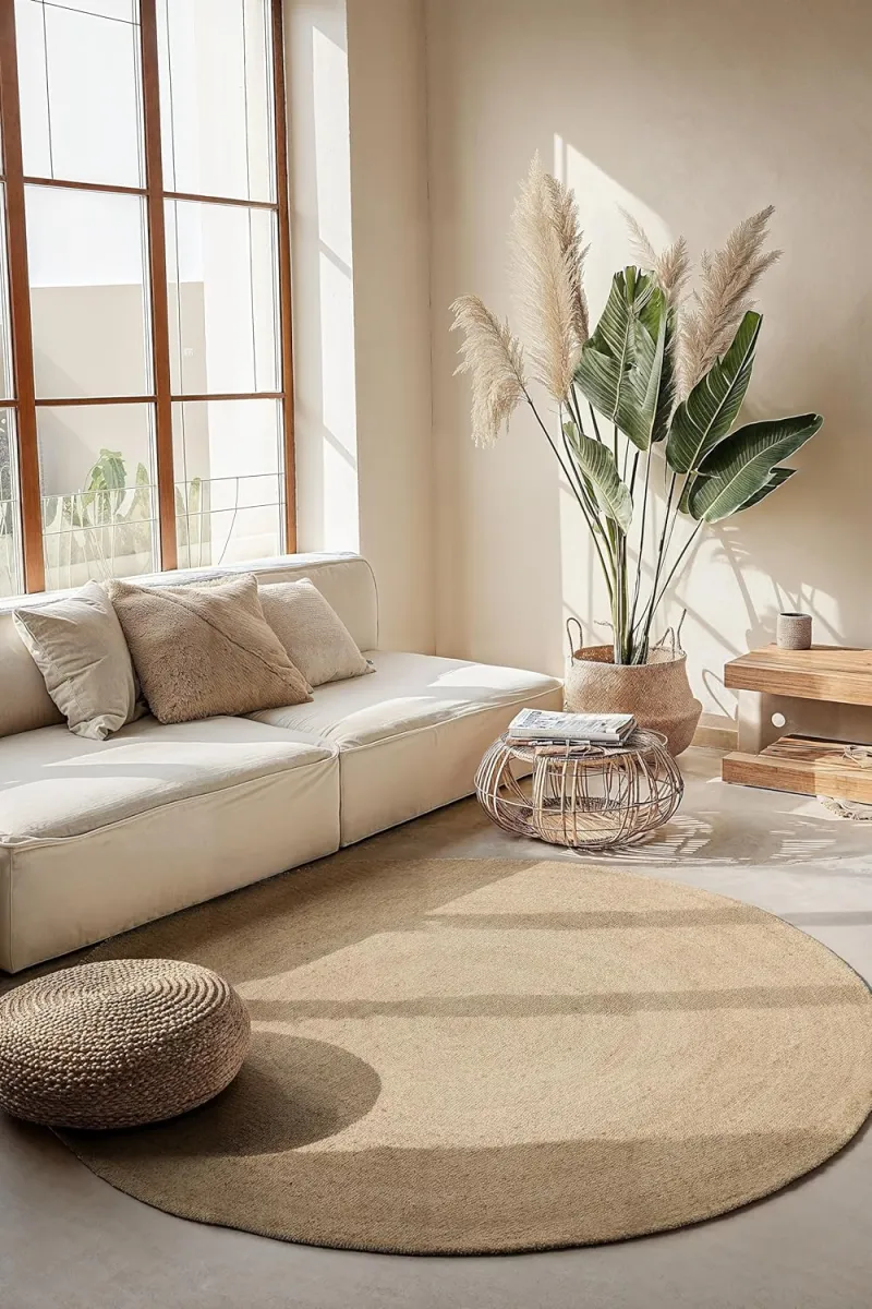 Neutral palettes dominated by beige and off-white set the stage for a tranquil living area. Pampas grass and large-leafed plants in woven baskets, as highlighted in this image, offer soft, organic elements that connect the indoors with nature. A circular jute rug anchors the seating area, adding texture without overwhelming the space.