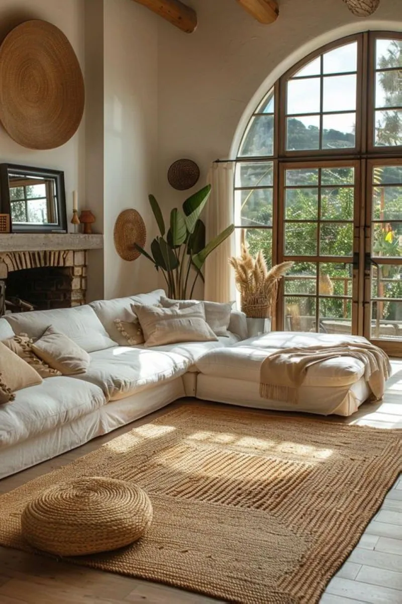 Create a perfect balance between rustic charm and modern aesthetics. The image illustrates how a large sectional sofa, accented with sustainable throws and cushions, can harmonize with rustic wooden finishes. Add a layered jute rug to emphasize comfort while maintaining an eco-conscious vibe.