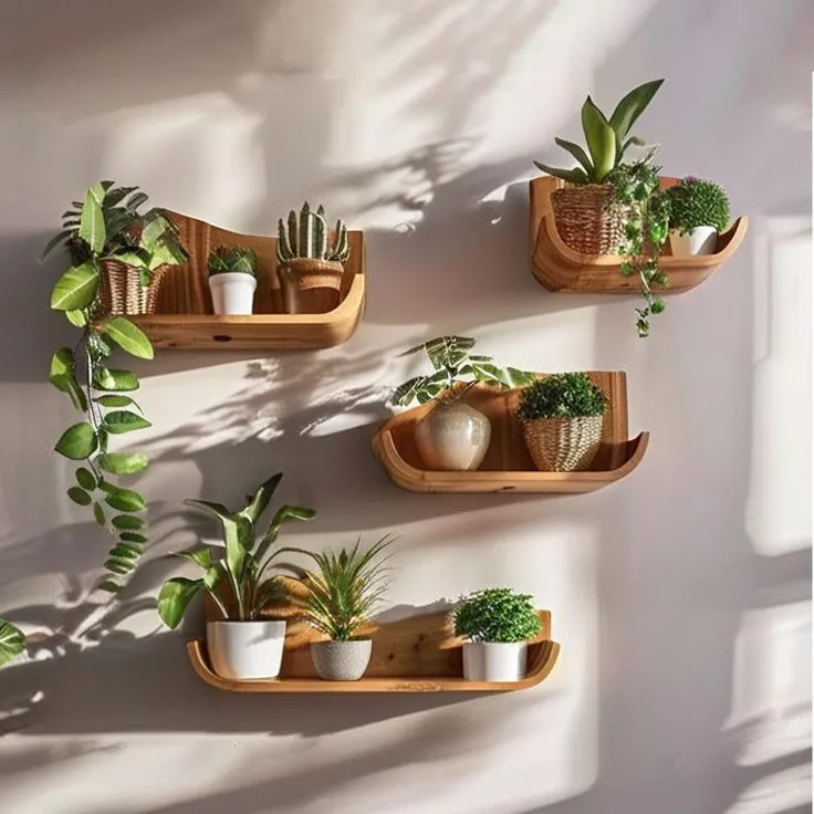 Elegant Floating Wooden Shelves
These curved wooden shelves bring warmth and minimalism to your space. Adorned with cascading vines and small potted succulents, they make an ideal plant shelf for any bright wall, combining aesthetics and functionality.

