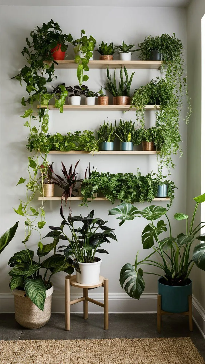 Lush Vertical Garden Shelves
Wooden shelves adorned with a variety of cascading greenery and potted plants. The setup creates a lush, wall-mounted vertical garden, perfect for maximizing space in small interiors.