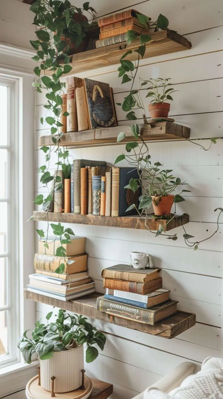 Rustic Plant and Book Shelves
Rustic wooden shelves combining greenery with vintage books. This charming design pairs lush plants with timeless literary pieces, ideal for a warm, cottage-inspired aesthetic.

