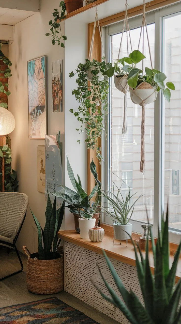 Window-side Hanging Planters
Macrame hanging planters filled with vibrant greenery, positioned near a sunlit window. These delicate additions enhance natural light, creating a serene and stylish corner.

