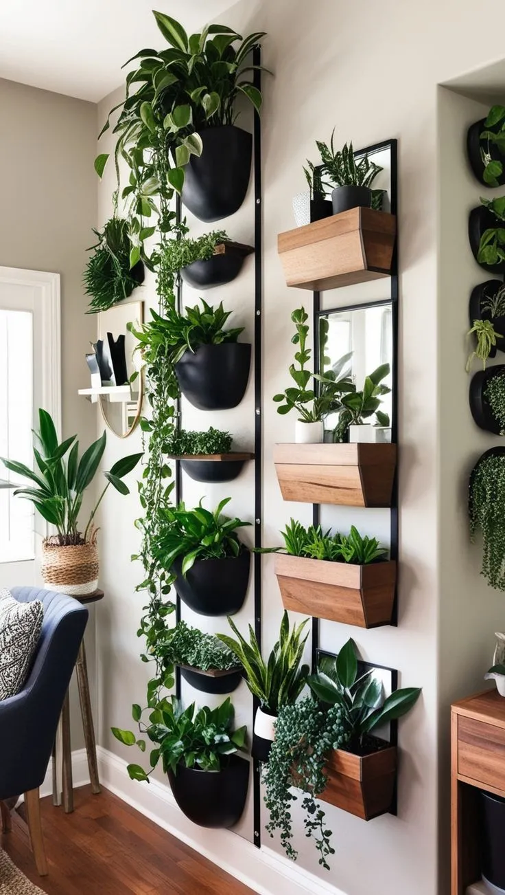 Modern Wall-Mounted Planter Units
Contemporary wall-mounted planter boxes with sleek black and wooden finishes. The arrangement alternates between cascading and upright plants, bringing a modern touch to the room.