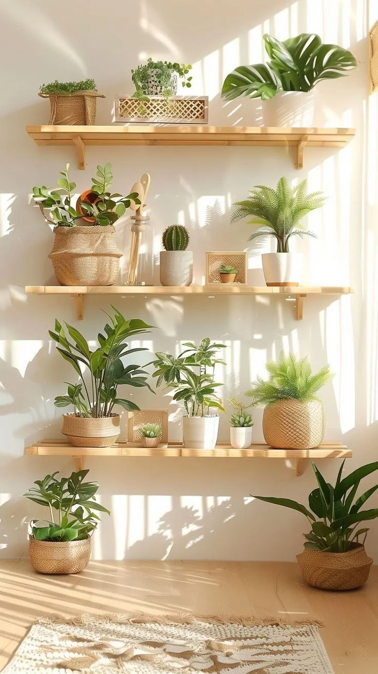 Sunlit Boho Plant Shelves
Natural wooden shelves with a boho flair, holding a mix of woven baskets and potted plants. The light and neutral tones enhance a cozy, sunlit vibe.