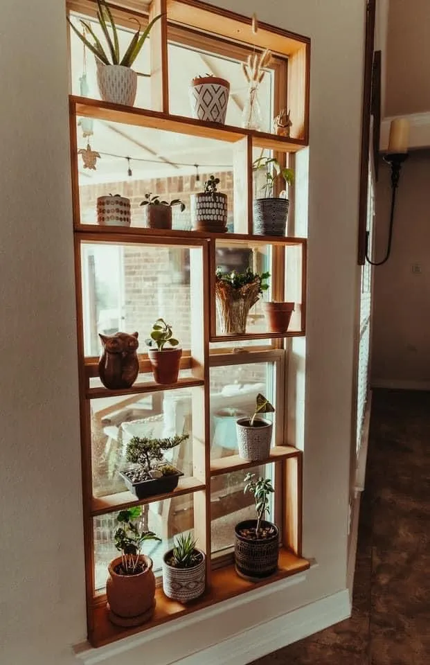 Framed Window Plant Display
A wooden frame integrated into a window, holding small potted plants. This innovative structure uses natural light to emphasize the plants while adding a unique architectural feature.