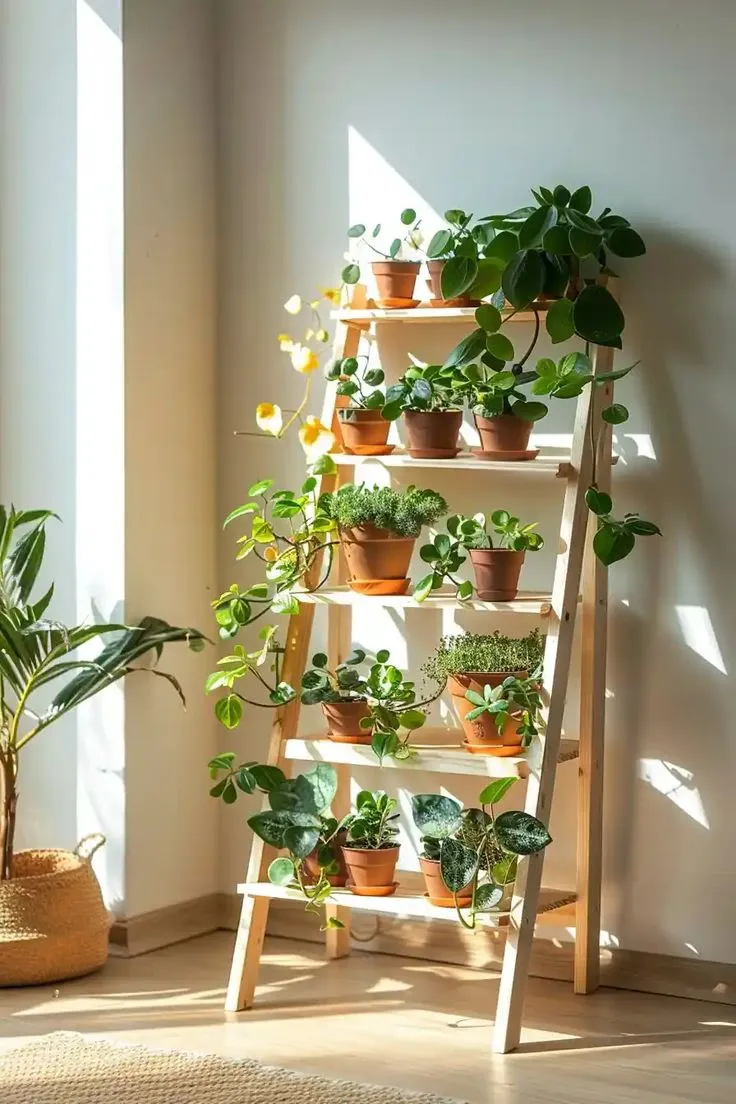 Leaning Ladder Plant Stand
This light wooden ladder stand elegantly holds multiple terracotta pots. Positioned near a window, it maximizes sunlight for healthy plant growth while creating a charming corner filled with greenery.