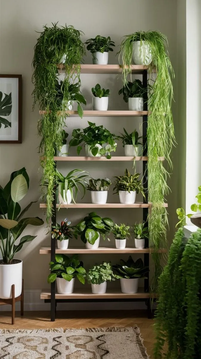 Tiered Shelving Unit with Lush Plants
This sturdy wooden-and-metal shelf structure showcases a variety of vibrant plants. The arrangement of trailing vines and leafy greens creates a lush, vertical garden perfect for larger spaces.