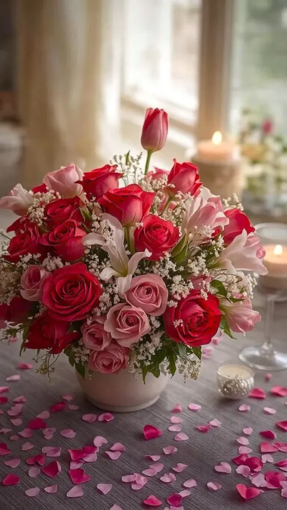 No Valentine’s Day decor is complete without flowers. Go beyond the traditional red roses and experiment with peonies, tulips, or even dried arrangements for a modern twist. Use them in vases, as part of your table centerpiece, or even tied to the back of dining chairs for an elegant touch.