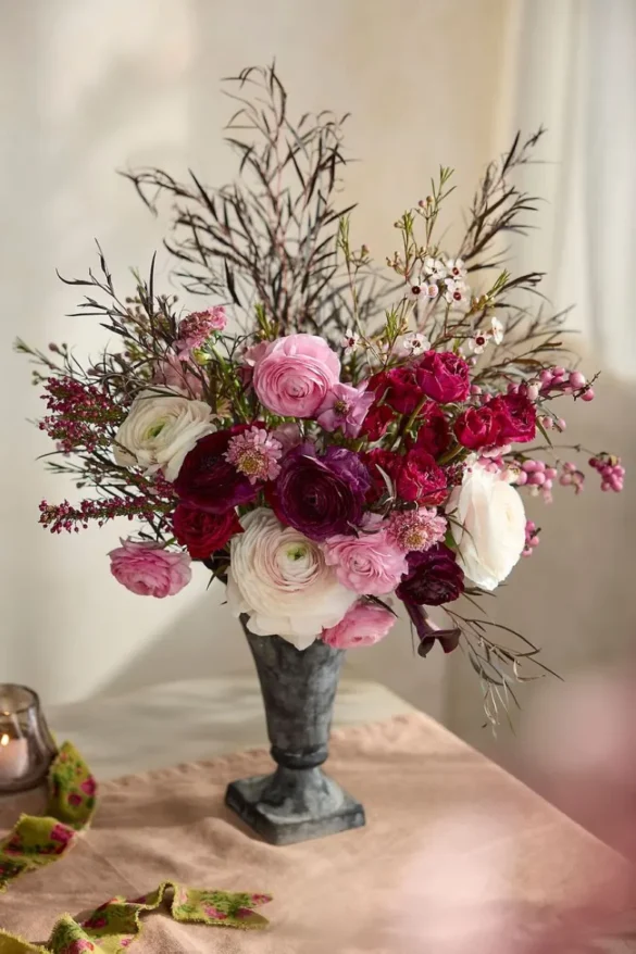 No Valentine’s Day decor is complete without flowers. Go beyond the traditional red roses and experiment with peonies, tulips, or even dried arrangements for a modern twist. Use them in vases, as part of your table centerpiece, or even tied to the back of dining chairs for an elegant touch.