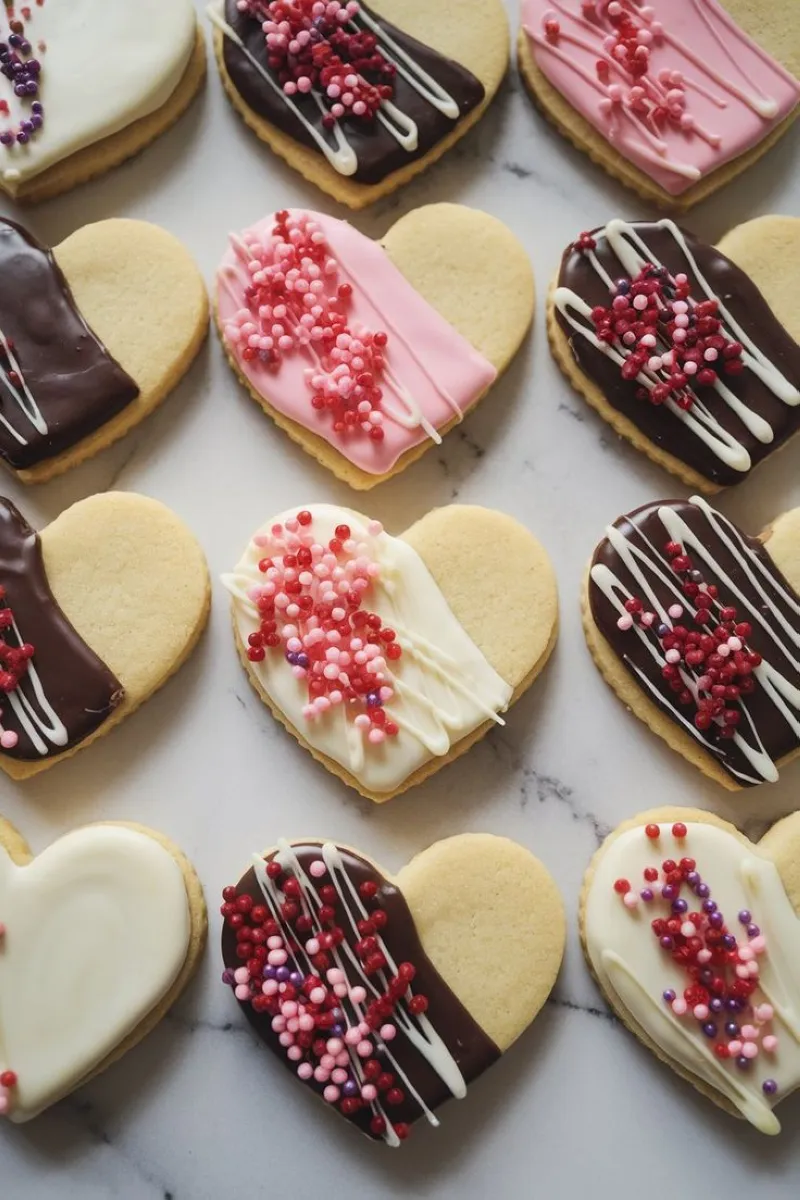 Chocolate-Dipped Cookies Dip half of your Valentine’s cookies in white, milk, or dark chocolate. Add sprinkles, edible glitter, or crushed freeze-dried strawberries for a romantic touch.