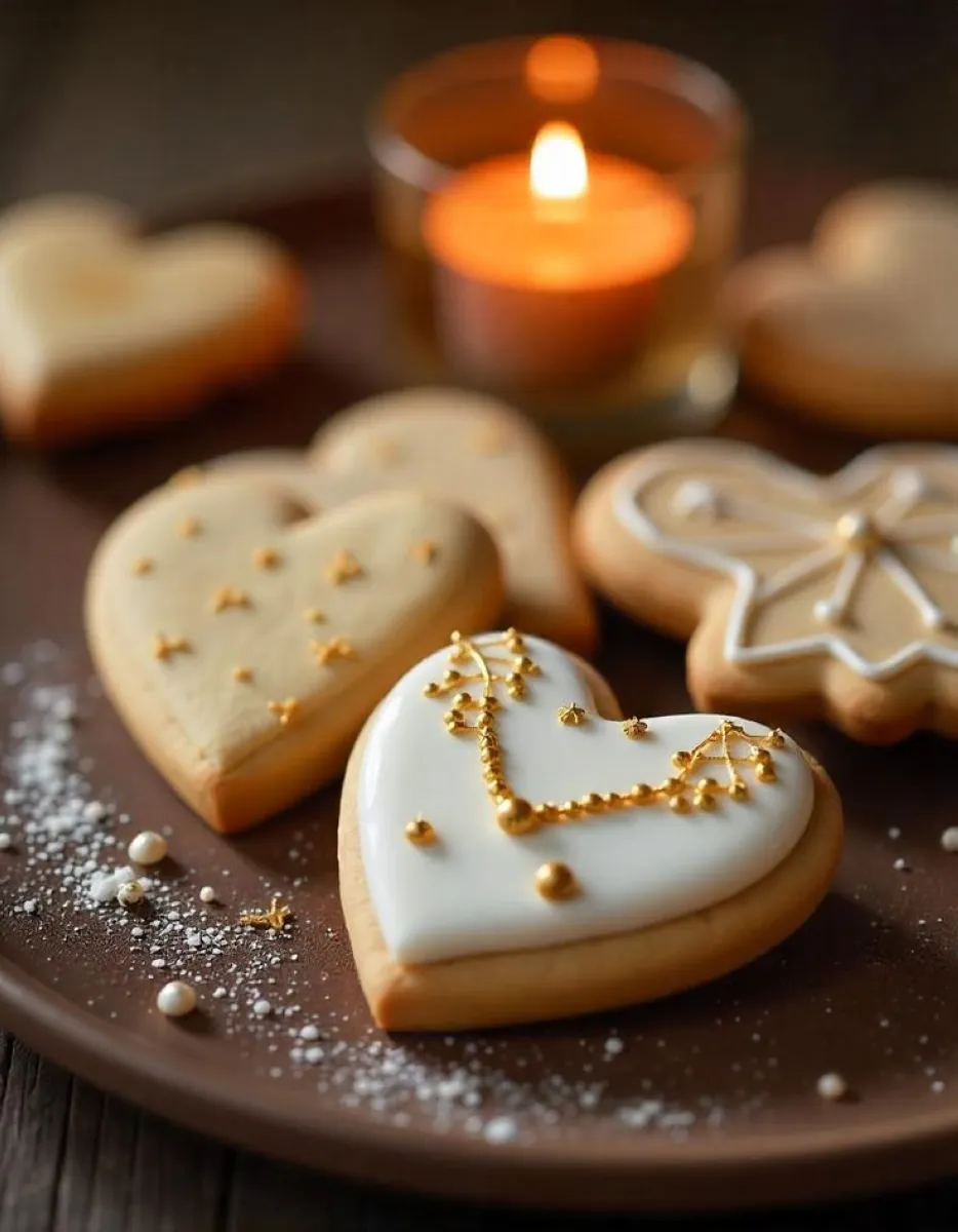 Edible Gold Accents For a luxurious feel, brush your cookies with edible gold dust or add gold leaf accents. This works especially well on red velvet cookies.