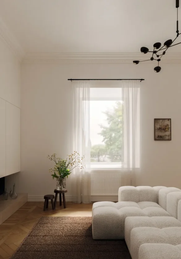 Luxury living room with a boucle sofa, neutral tones, and layered textures. Aesthetic modern interior with soft lighting and cozy vibes. #LuxuryLivingRoom #HomeDecorIdeas