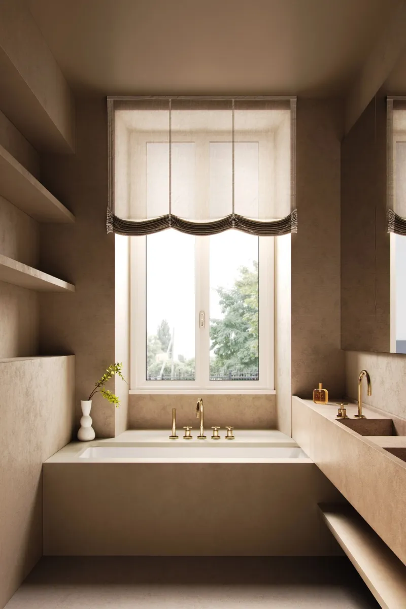 Elegant luxury bathroom with natural stone textures, gold fixtures, and soft lighting. A spa-like retreat with modern minimalist vibes. #LuxuryBathroom #BathroomGoals