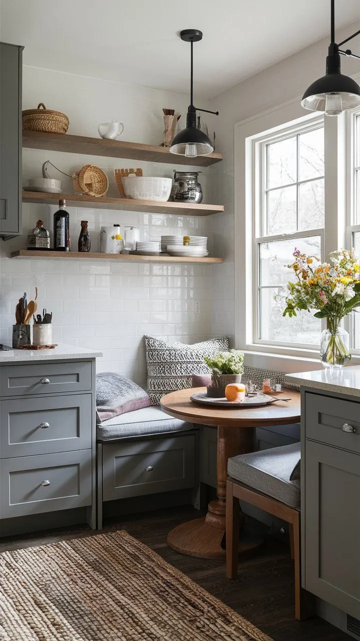 Cozy and functional corner dining nook with integrated storage, soft seating, and open shelving—ideal for compact and inviting spaces.