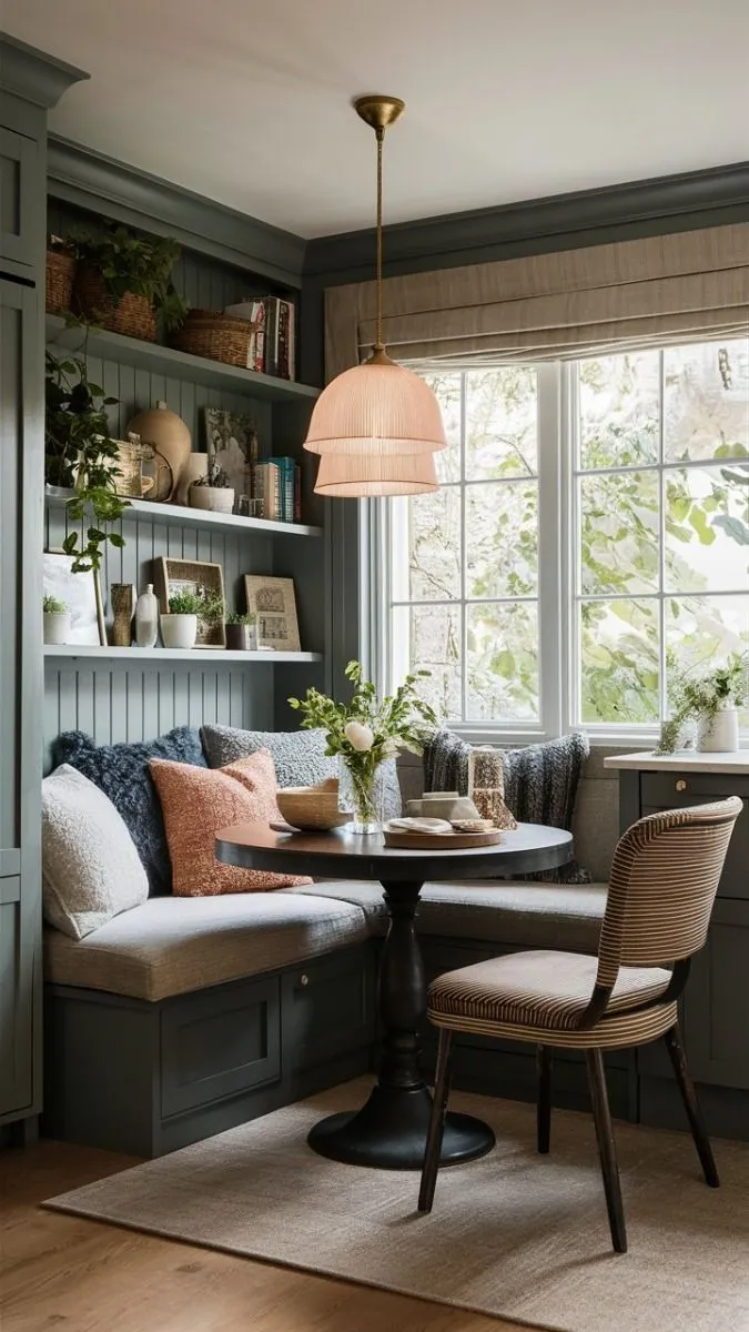 Rustic-inspired corner dining nook with built-in seating, wooden textures, and a vintage pendant light—perfect for a charming farmhouse vibe.