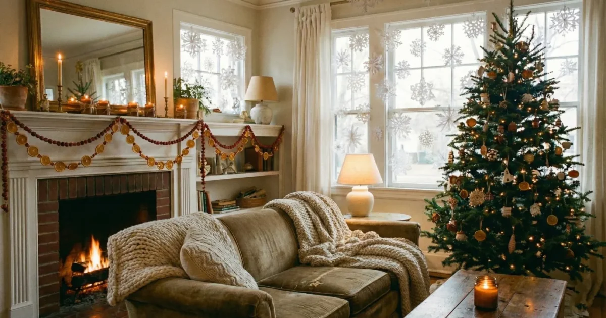 A warm vintage-inspired living room featuring oversized paper snowflakes suspended from the ceiling. A handmade dried orange garland drapes across the mantel, complementing natural citrus ornaments on the tree. The green velvet sofa and chunky knit blanket add texture to this nostalgic holiday scene. #papersnowflakes #driedoranges #cozychristmas #livingroomdecor #vintageholiday