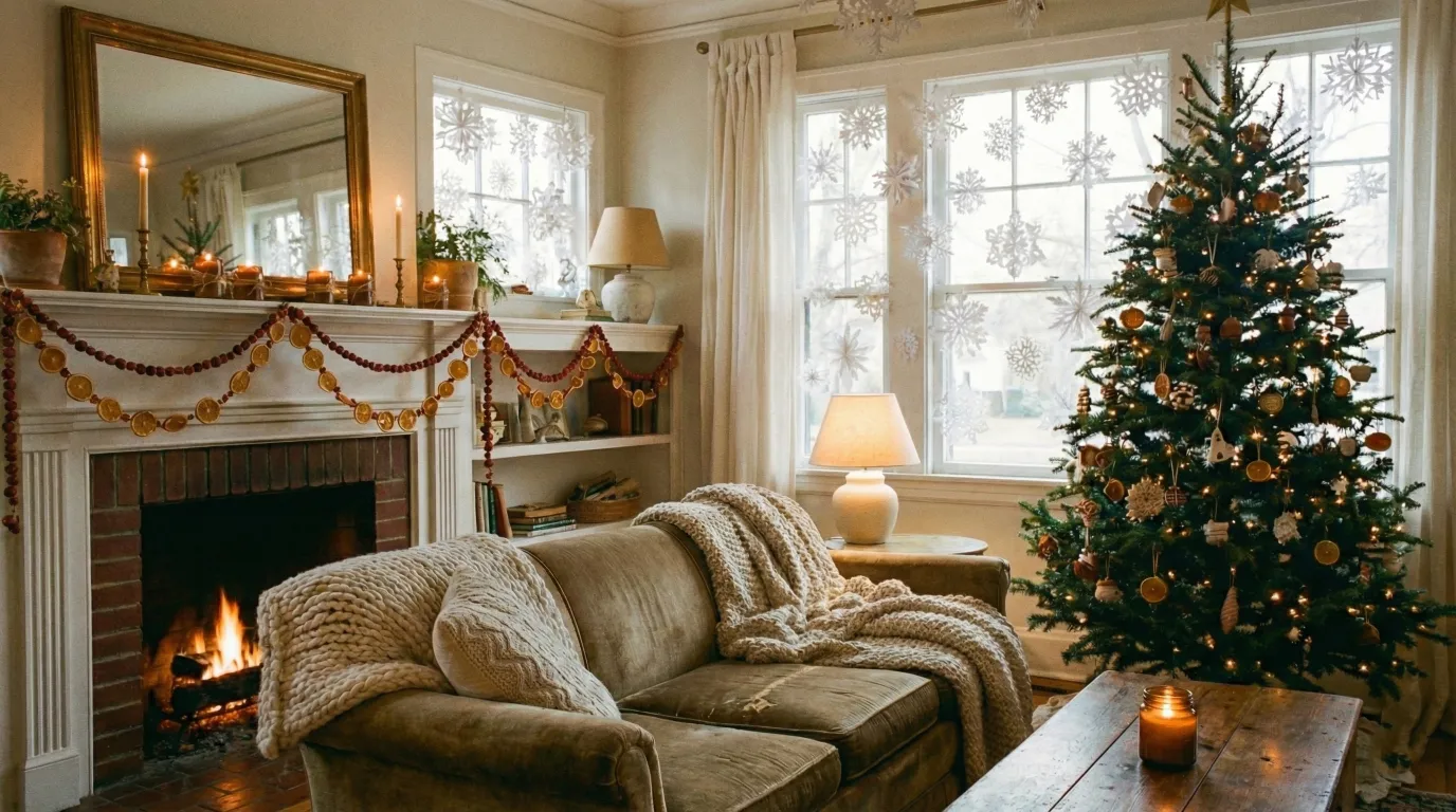 A warm vintage-inspired living room featuring oversized paper snowflakes suspended from the ceiling. A handmade dried orange garland drapes across the mantel, complementing natural citrus ornaments on the tree. The green velvet sofa and chunky knit blanket add texture to this nostalgic holiday scene. #papersnowflakes #driedoranges #cozychristmas #livingroomdecor #vintageholiday