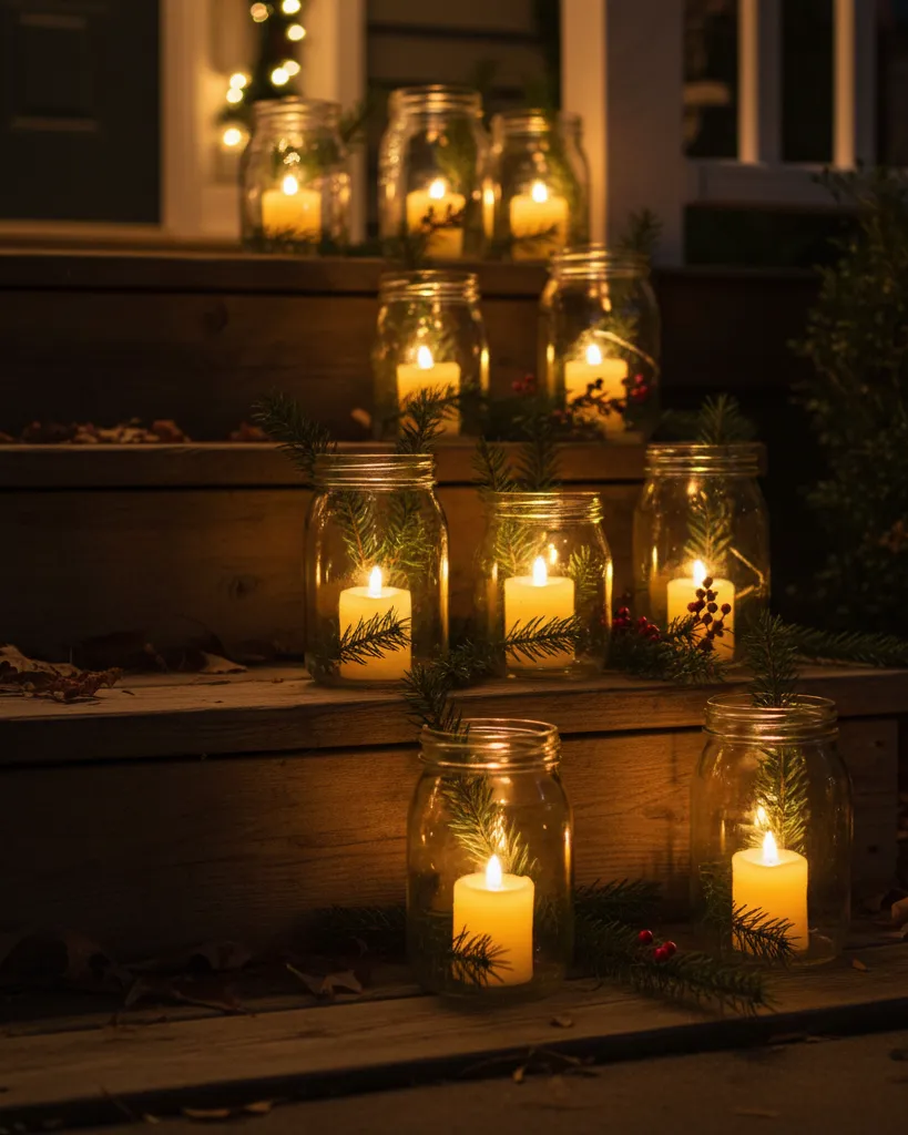 Clear mason jars used as outdoor luminaries lining wooden porch steps. Each jar holds a glowing pillar candle and a sprig of fresh evergreen. A rustic and welcoming lighting idea for the front entryway on cold winter evenings. #outdoorlighting #porchdecor #masonjarcrafts #rusticchristmas #entryway