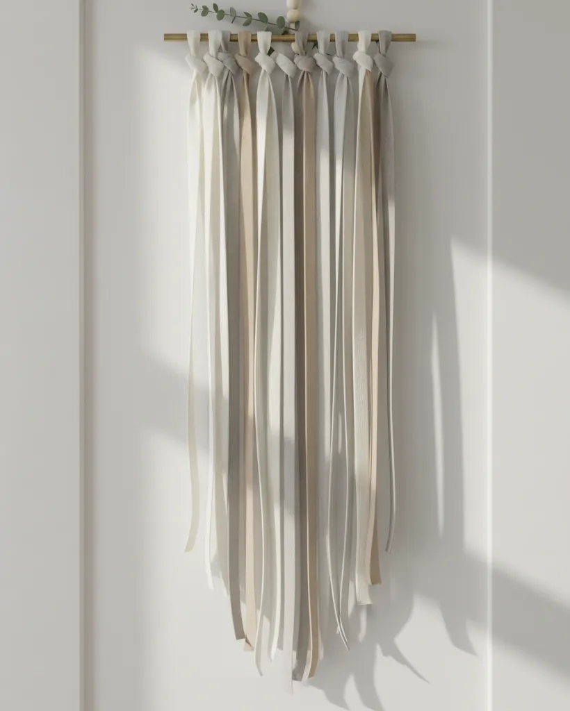 A minimalist holiday wall decoration made from strips of neutral fabric and ribbon knotted onto a brass rod. Topped with a fresh sprig of eucalyptus. A quick, no-sew project to use up scrap fabric while adding soft texture to empty walls during the winter season. #fabriccrafts #wallhanging #minimalistdecor #bohochristmas #diyprojects