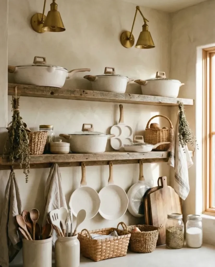 Achieve aesthetic kitchen organization with curated open shelving ideas. See how to display ceramic cookware, bakeware, cast iron, and natural decor for a functional and beautiful kitchen. #openshelving #kitchenorganization #shelfie #kitchenstorage #cookwarestorage #bakeware #farmhousestyle #naturalmaterials #kitchenstyling #organizedhome