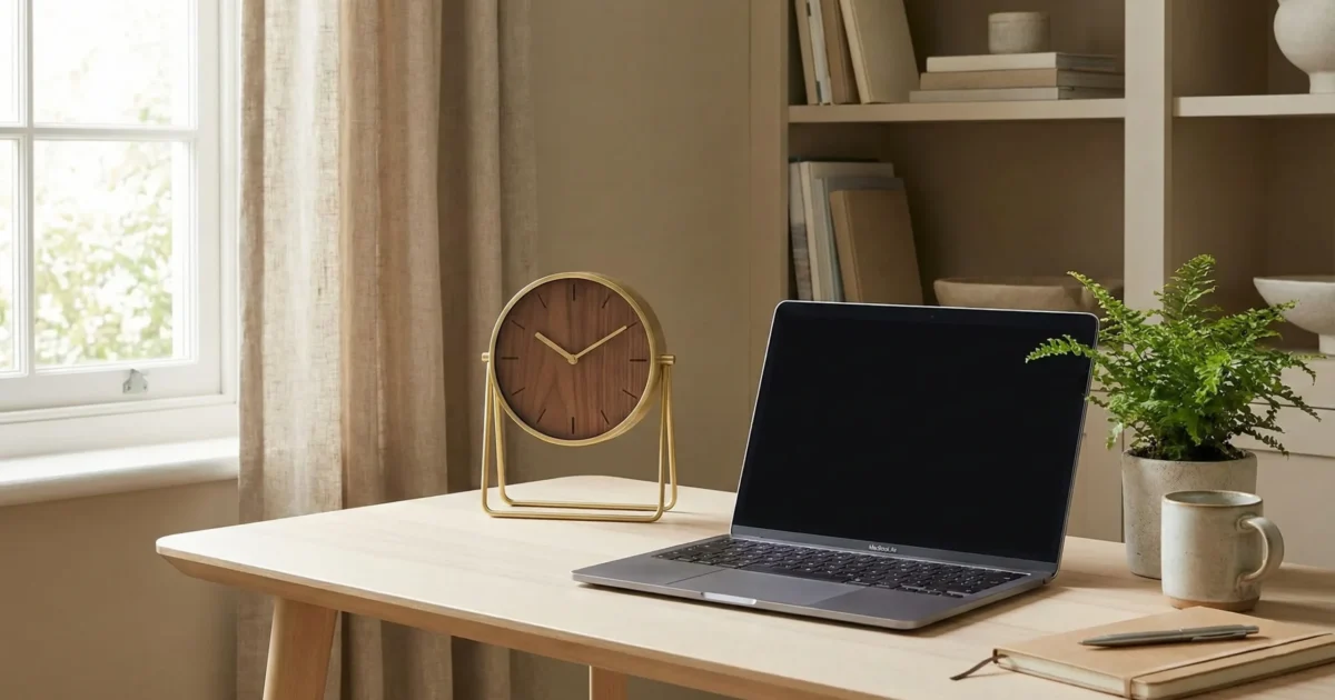 Upgrade your home office with this chic gold clock and calming desk aesthetic. Get inspired by this clean, minimalist desk & self clocks setup perfect for focus and style. Save this serene workspace idea now! #desksetup #selfclockdecor #minimalistoffice #neutralhome