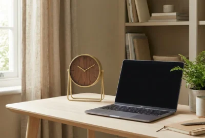 Upgrade your home office with this chic gold clock and calming desk aesthetic. Get inspired by this clean, minimalist desk & self clocks setup perfect for focus and style. Save this serene workspace idea now! #desksetup #selfclockdecor #minimalistoffice #neutralhome