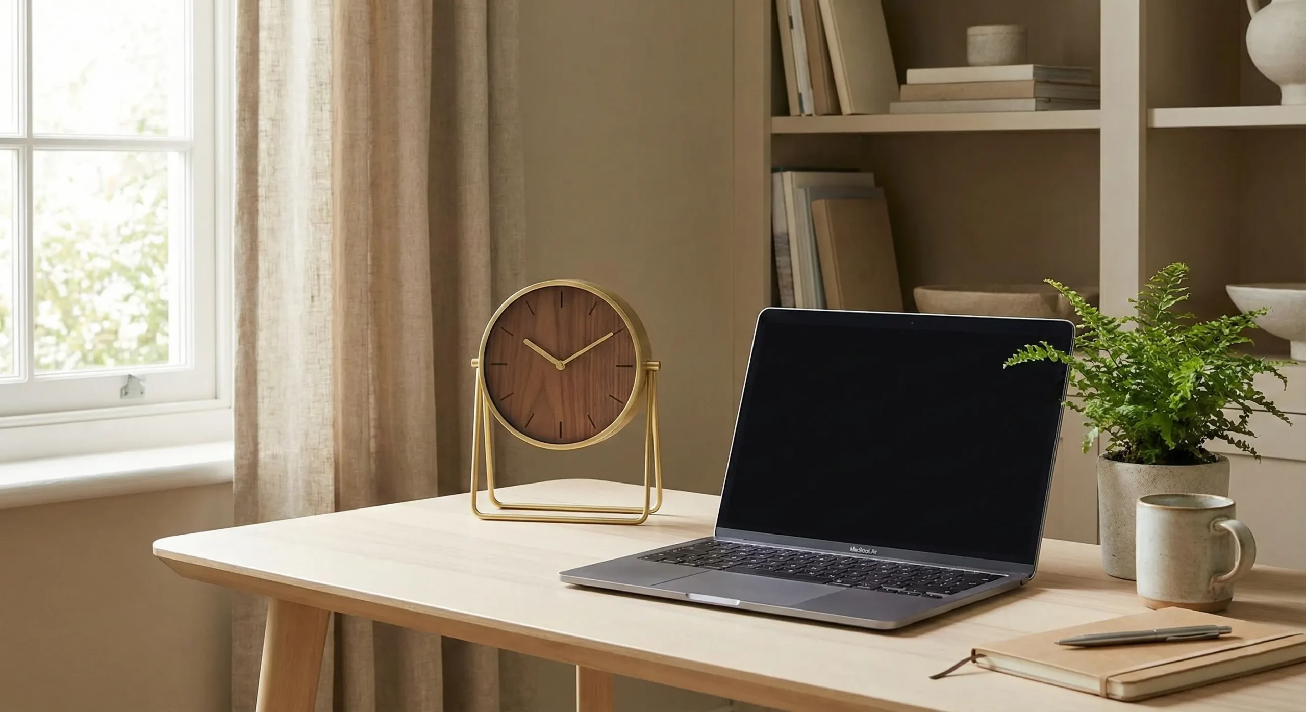 Upgrade your home office with this chic gold clock and calming desk aesthetic. Get inspired by this clean, minimalist desk & self clocks setup perfect for focus and style. Save this serene workspace idea now! #desksetup #selfclockdecor #minimalistoffice #neutralhome