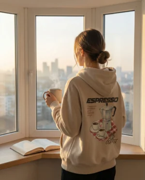 POV: It’s you, the city view, and a hot cup of coffee. The Espresso Hoodie is the ultimate loungewear for caffeine lovers. Featuring a vintage Moka pot graphic and premium fleece fabric, it’s designed for slow mornings and cozy vibes. The perfect oversized hoodie for your collection.