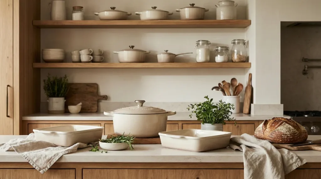Discover beautiful ceramic cookware and bakeware to elevate your kitchen styling. Featuring a cream Dutch oven, rectangular baking dishes, and fresh bread on a modern stone countertop