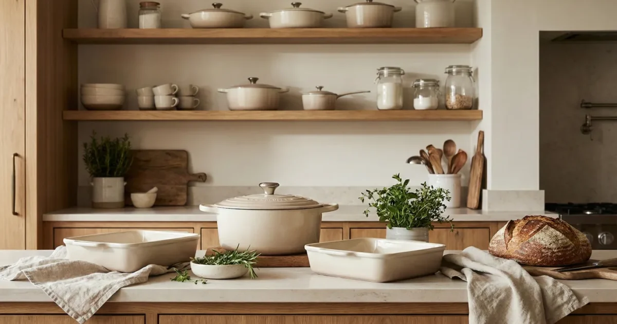 Discover beautiful ceramic cookware and bakeware to elevate your kitchen styling. Featuring a cream Dutch oven, rectangular baking dishes, and fresh bread on a modern stone countertop