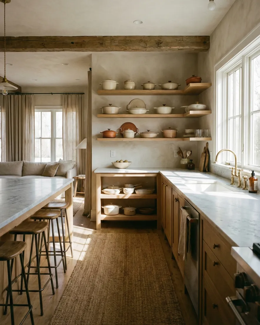 Explore this stunning open concept kitchen design. Learn how to style neutral ceramic cookware on open shelves with warm textures and natural light for a cozy, aesthetic home cooking space.