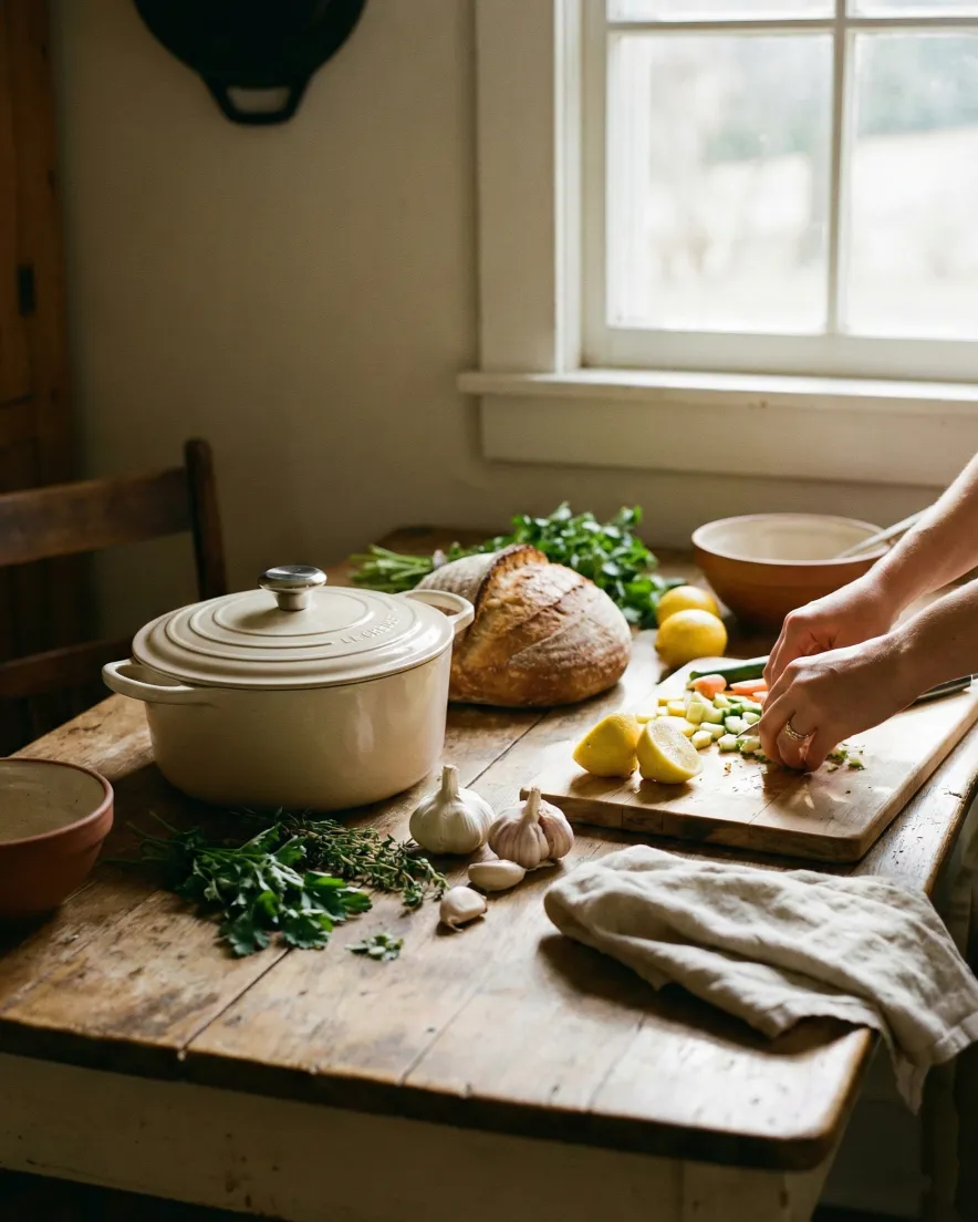 Embrace the slow living trend with this peaceful kitchen scene. Features food prep with fresh ingredients, sourdough bread, and a beautiful ceramic Dutch oven on a rustic wooden table