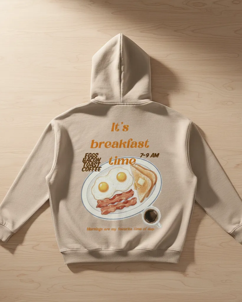 A cozy beige hoodie with a small Morning girl detail on the front and a breakfast illustration on the back. Feels right for slow mornings, coffee runs, work from home days, and weekends that start quietly. Easy to style with jeans or leggings. Looks worn in, not styled out. #cozymorning #hoodieoutfit #slowliving #casualstyle