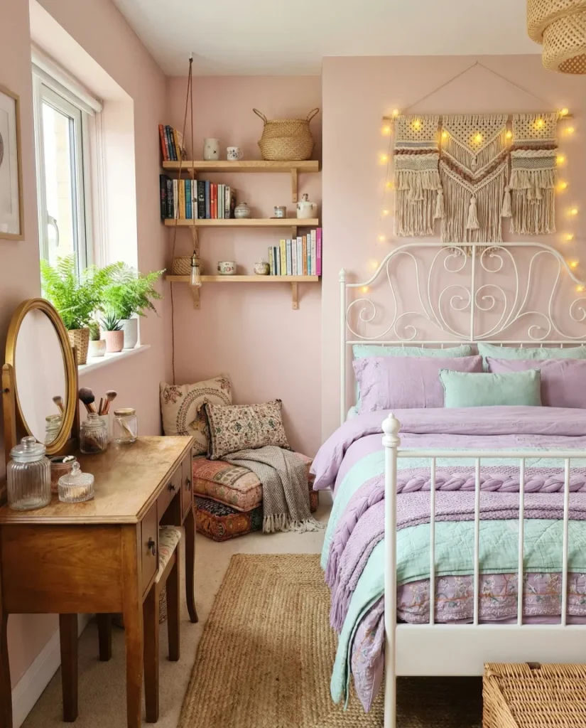 Create a dreamy boho teen girl bedroom with pink walls, layered textures, cozy pillows, and macramé wall decor. Warm lights add a magical touch. #TeenGirlBedroom #BohoBedroom #CozyDecor
