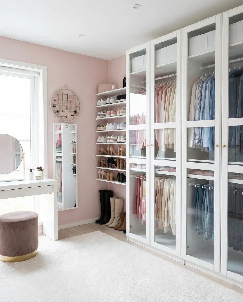 Closet organization and storage solutions for teen girl bedroom