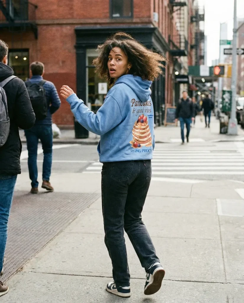 I designed this hoodie for slow city walks, brunch dates and mornings that don’t need a plan 🥞✨ A cozy brunch outfit idea for anyone who loves breakfast vibes, comfort, and everyday moments. Perfect for casual weekends, coffee runs and brunch lovers looking for aesthetic hoodie inspiration. #pancakelover #graphichoodie #brunchoutfit #foodieaesthetic #bluehoodie #cozyvibes