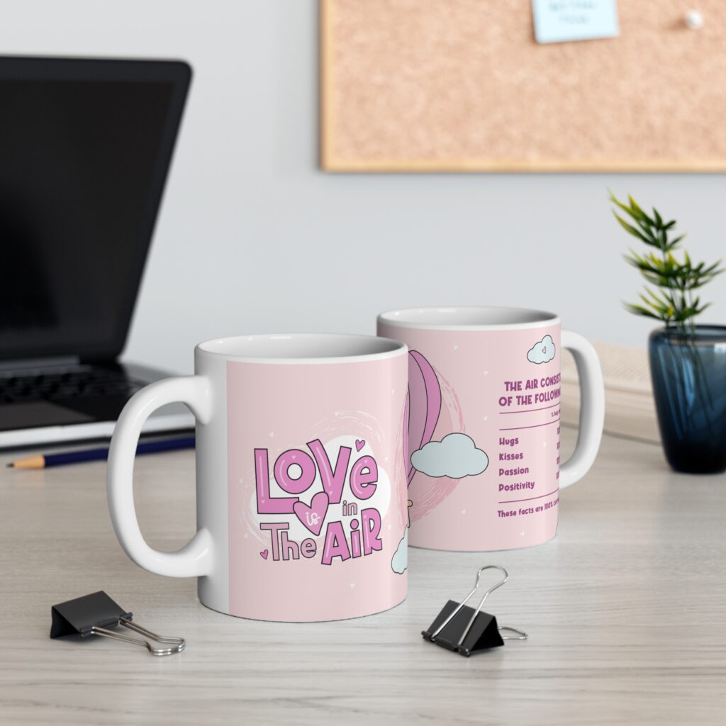 A romantic Valentine’s Day coffee mug featuring a heart hot air balloon and loving message list. This 11 oz white ceramic mug is microwave‑safe and dishwasher‑safe, ideal for gifting or everyday use.