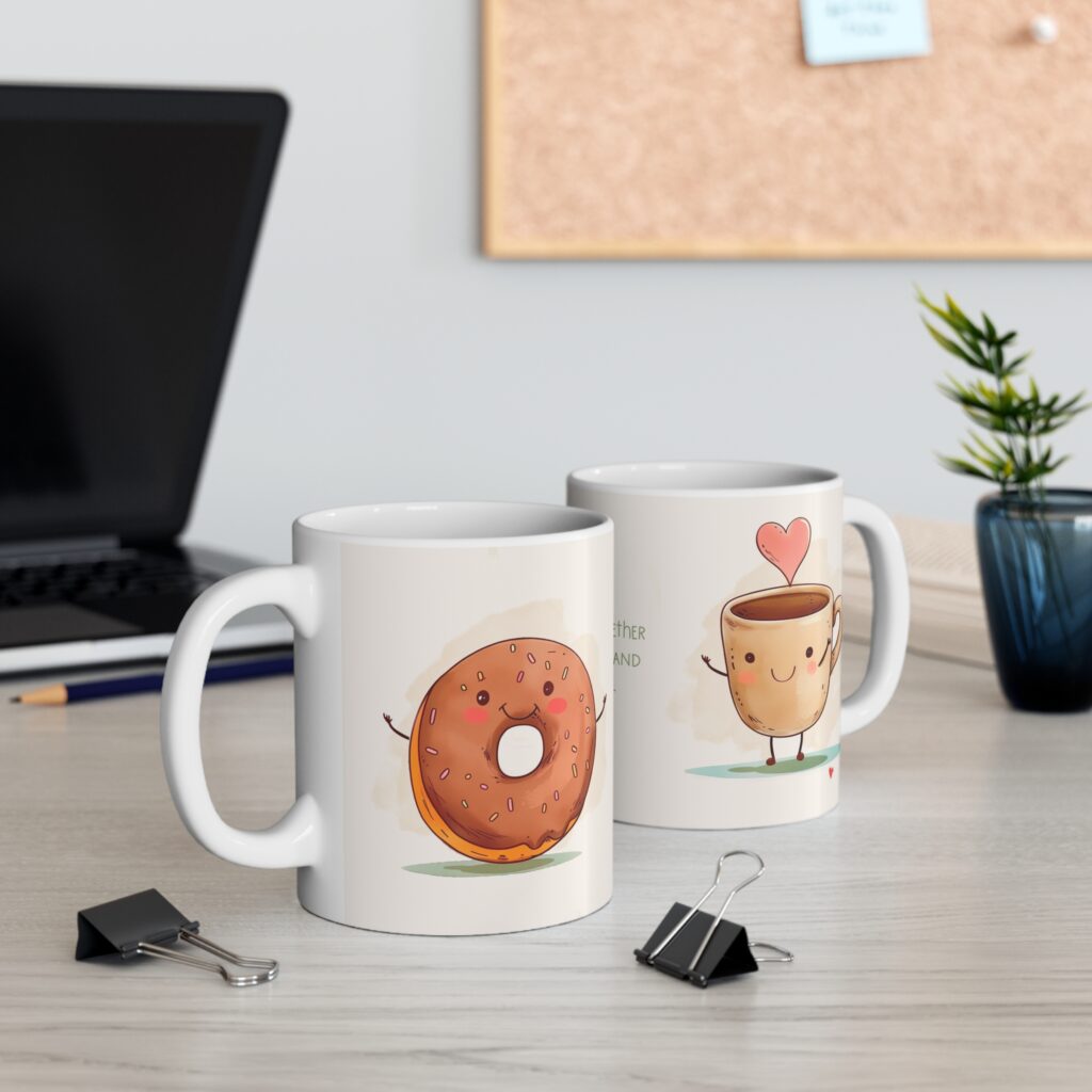 A playful and heartwarming coffee mug with coffee and donut artwork and the text We go together like coffee and donuts. This 11 oz white ceramic mug is microwave‑safe, dishwasher‑safe, and perfect for Valentine’s Day gifting or daily drinkware.