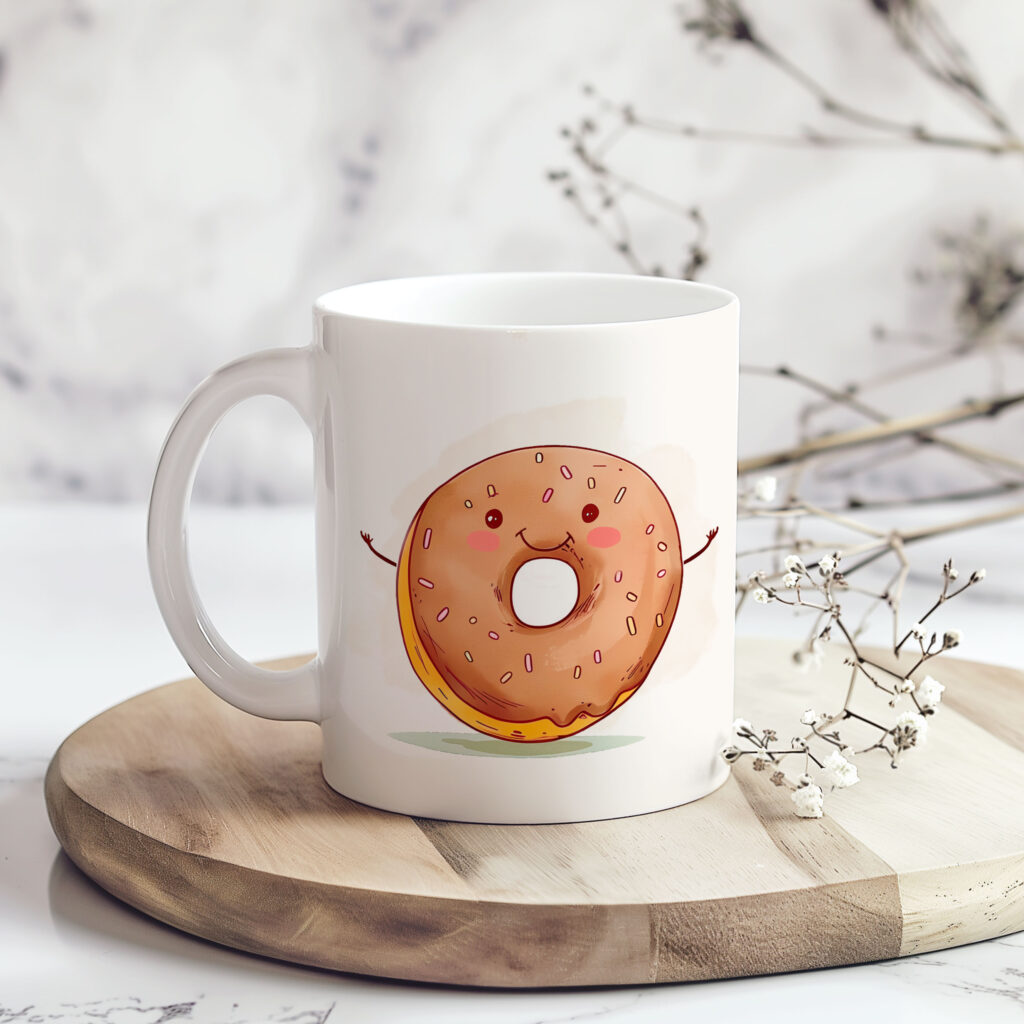 A playful and heartwarming coffee mug with coffee and donut artwork and the text We go together like coffee and donuts. This 11 oz white ceramic mug is microwave‑safe, dishwasher‑safe, and perfect for Valentine’s Day gifting or daily drinkware.