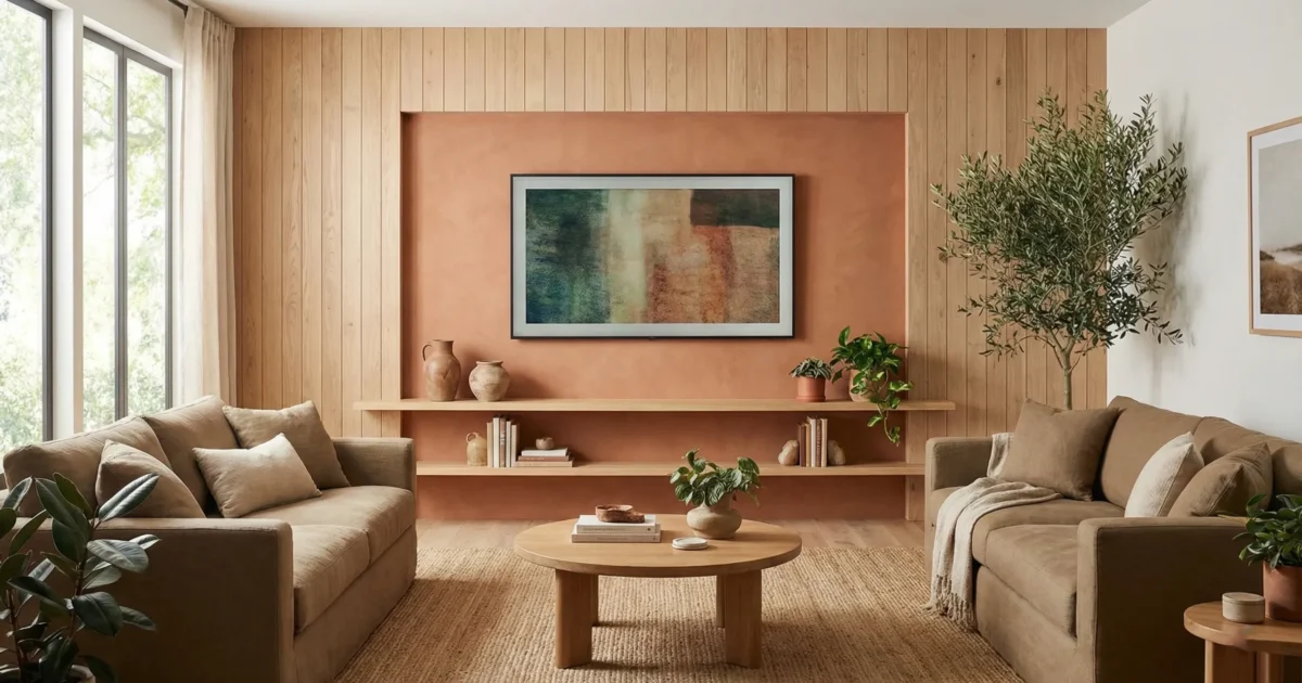 Discover modern TV wall design trends for 2026 featuring natural materials, earth tone colors, and integrated storage. Transform your living room with these contemporary accent wall ideas that combine style and functionality. Perfect for homeowners looking to update their space with warm, inviting design.