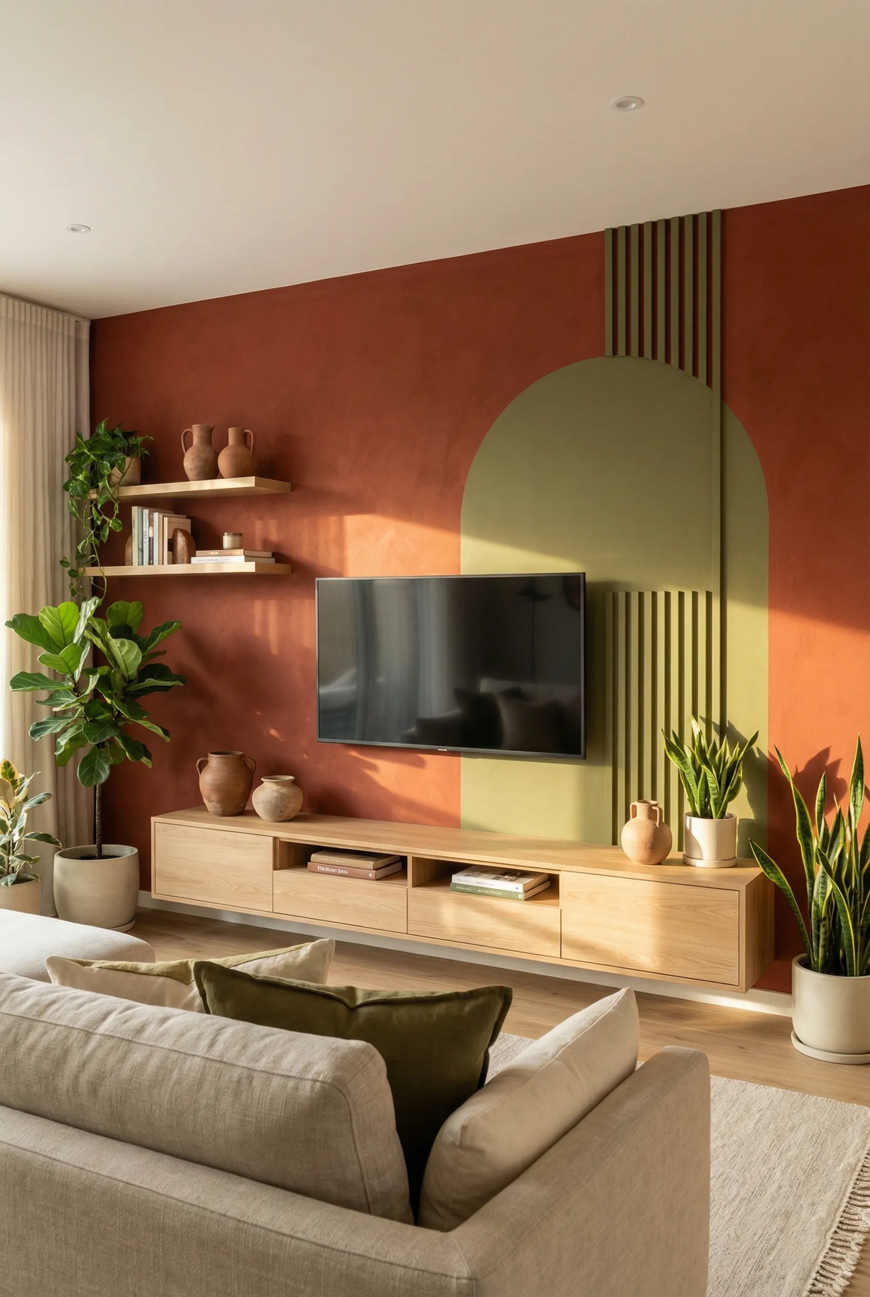 Discover the trending earth tone color palette for TV walls including terracotta, olive green, and deep browns. See how these warm colors create inviting spaces in modern living rooms.