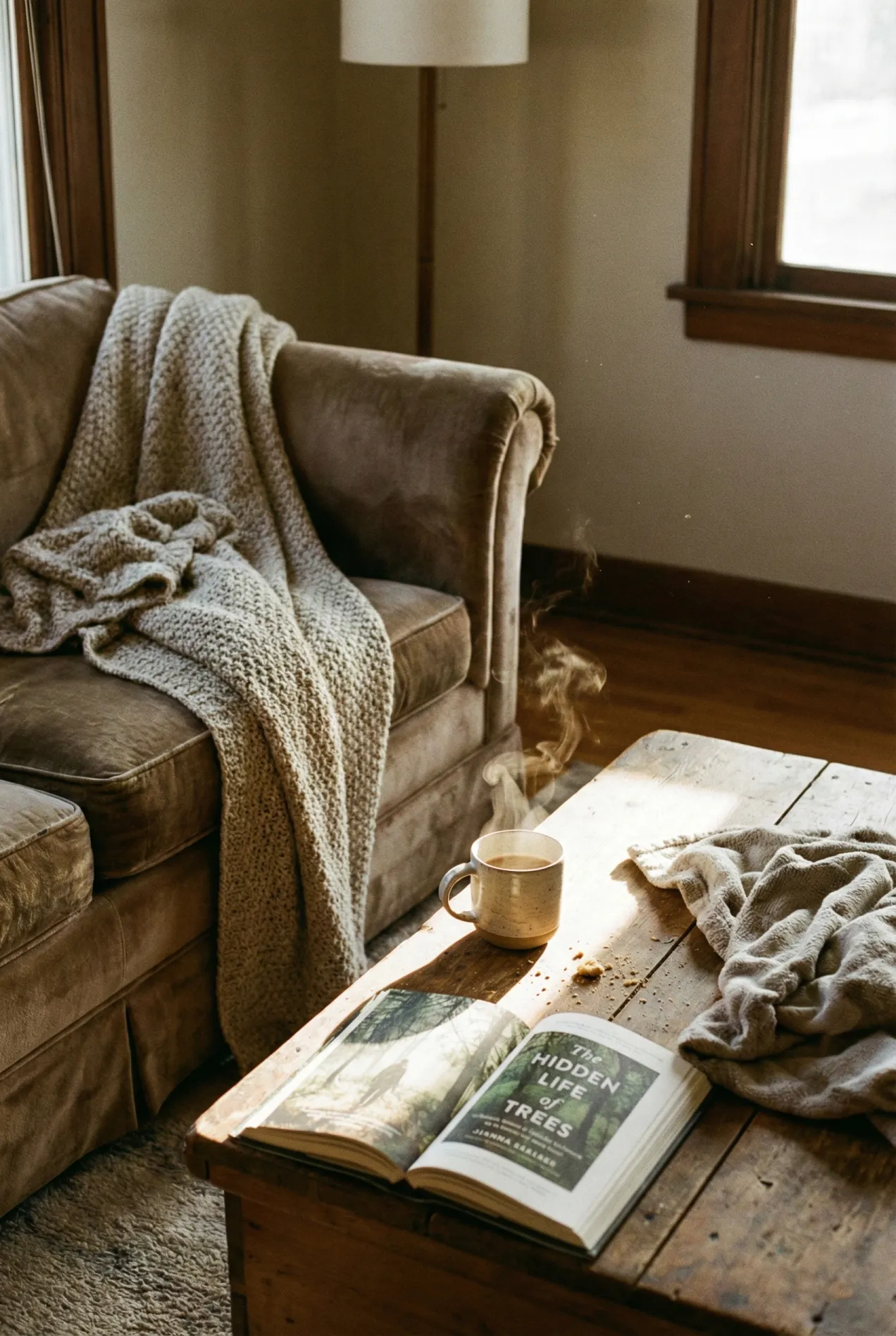 Cozy living room setup for 2026 home reset trends showing nervous system regulation decor.