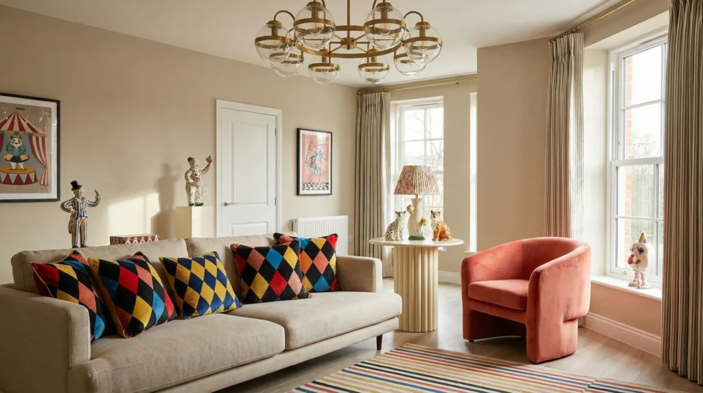 Discover FunHaus decor, the bold circus-inspired trend transforming homes in 2026. Learn how to balance harlequin patterns, sculptural furniture, and vibrant colors with neutral backgrounds. Get step-by-step tips to incorporate playful design into your space. FunHaus decor ideas, 2026 home design trends, playful interior design.